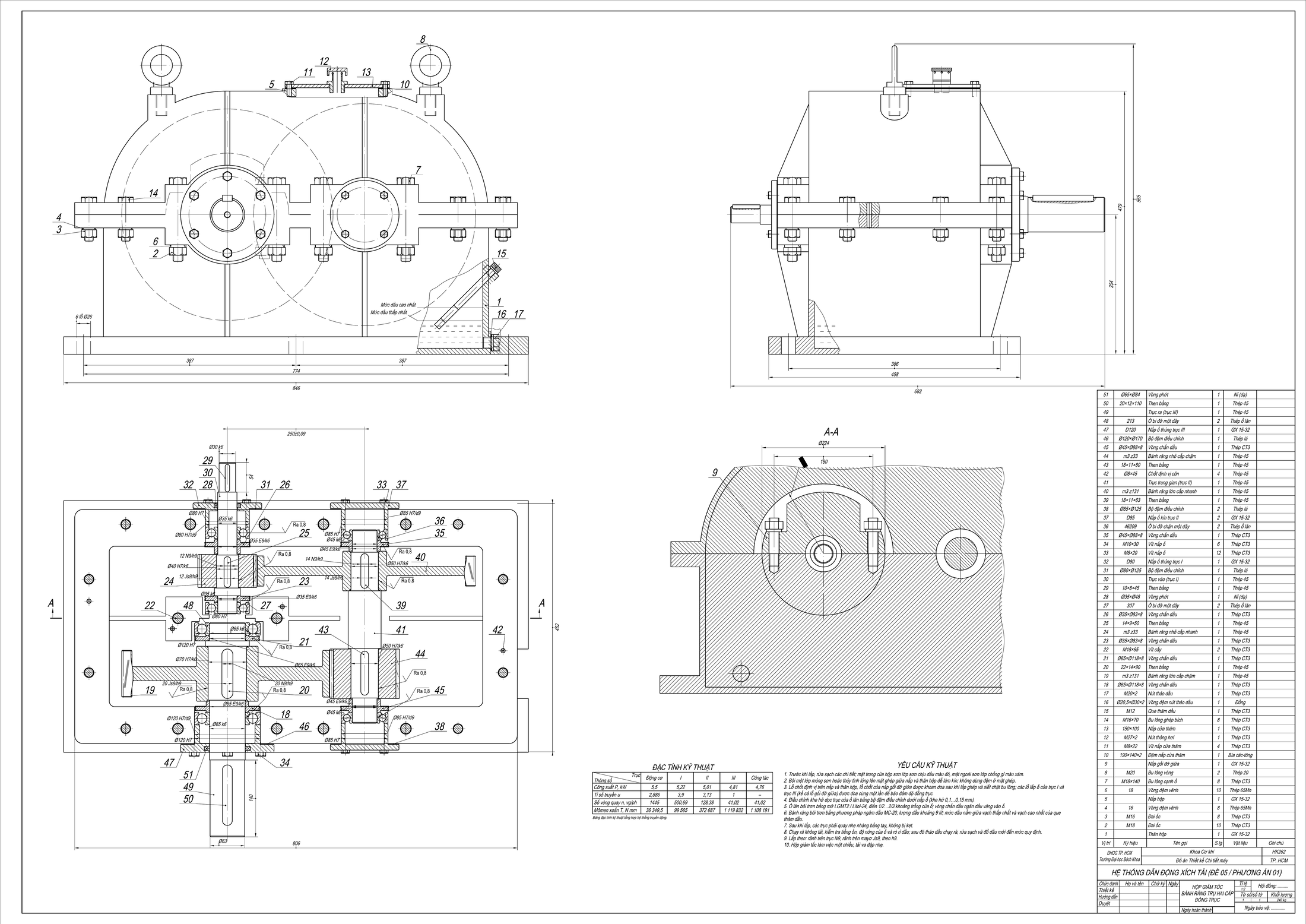 The A0 assembly sheet: front and side views of the two-stage coaxial gearbox, a sectioned plan view with numbered parts, the parts list, the technical characteristics table and an unsigned title block.